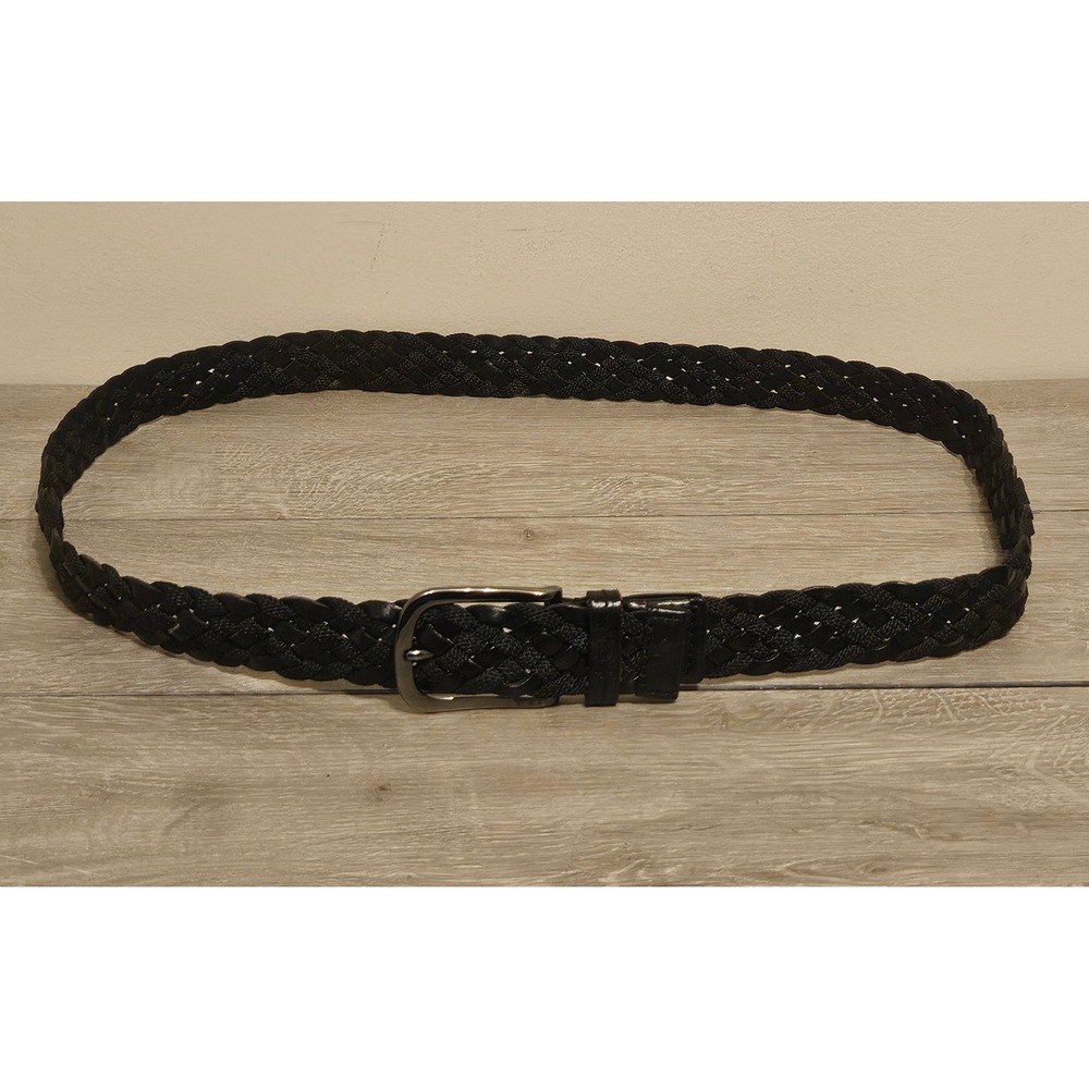 TUMI Mens Braided Leather Belt Black Woven Gunmetal Buckle 15906 Size Large